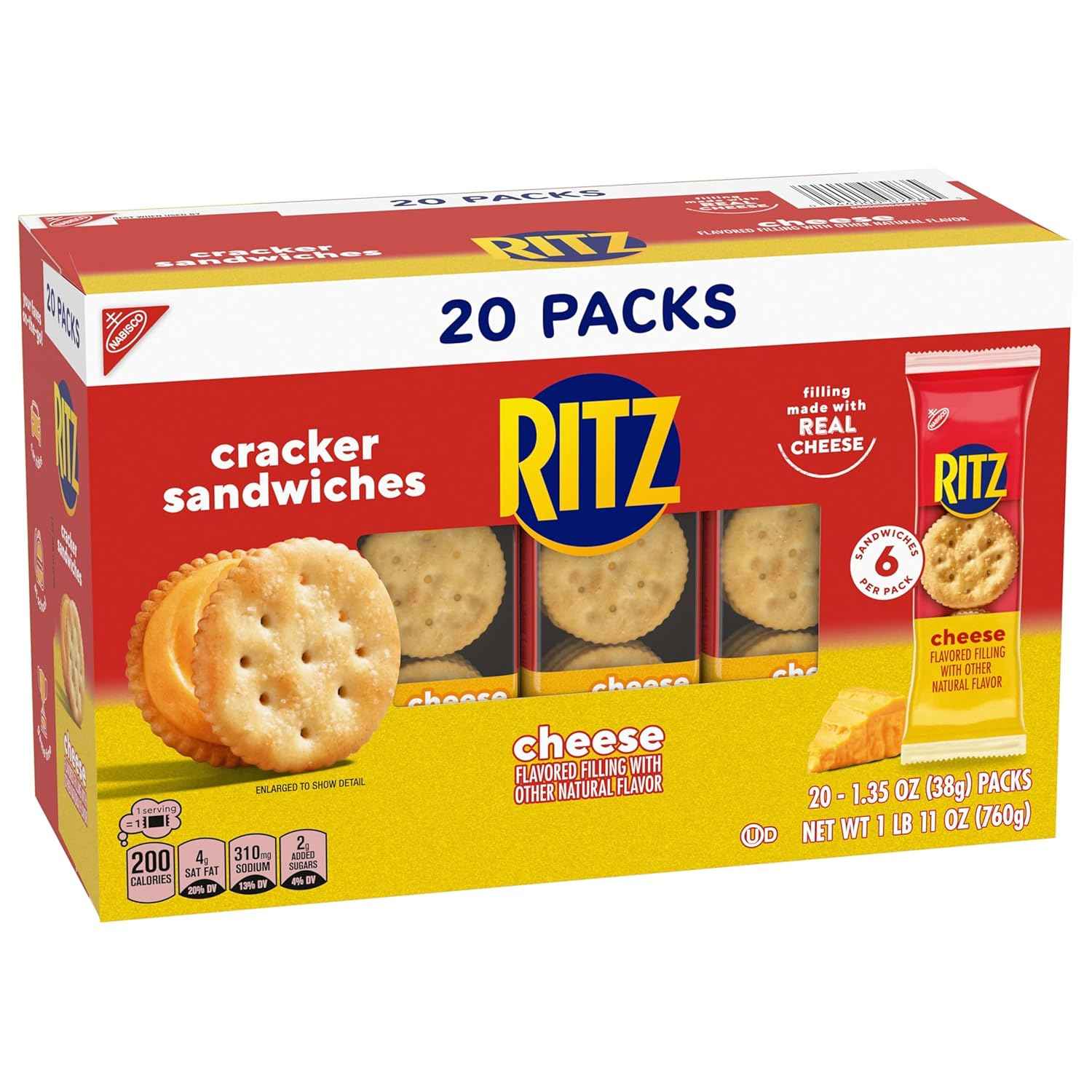 RITZ Cheese Sandwich Crackers, Lunch Snacks, 20 Snack Packs (6 Crackers Per Pack)