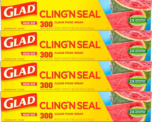 Glad Cling N Seal Plastic Wrap for Food, Airtight Seal, 300 Square Foot Roll