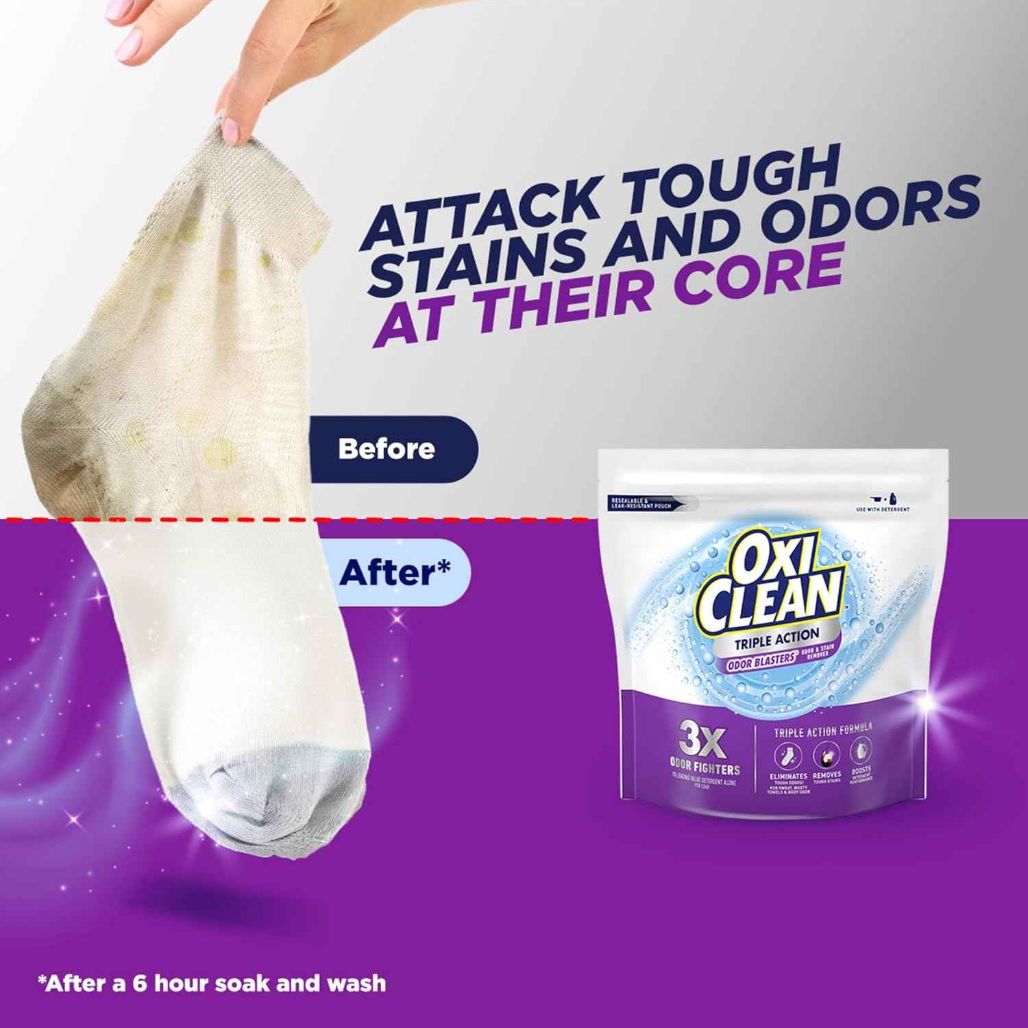 OxiClean Triple Action Odor and Stain Remover Powder, Use with Detergent, Eliminates Tough Odors and Removes Stains, Color Safe and Chlorine Free