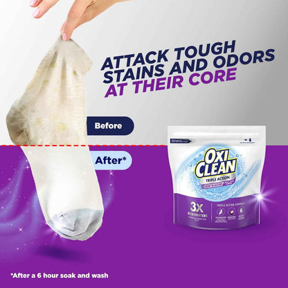 OxiClean Triple Action Odor and Stain Remover Powder, Use with Detergent, Eliminates Tough Odors and Removes Stains, Color Safe and Chlorine Free