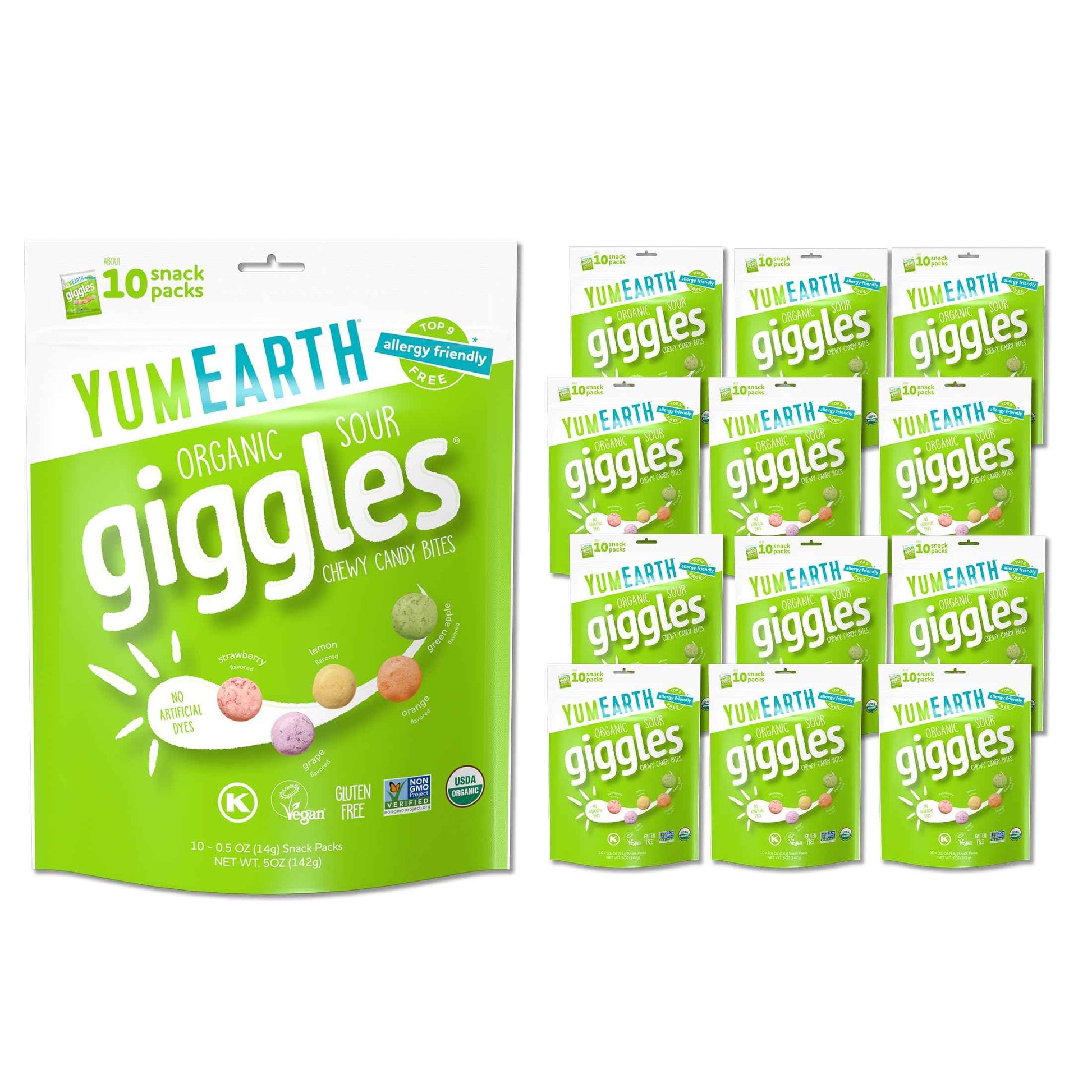 YumEarth Organic Giggles Chewy Candy – Allergy Friendly, No Artificial Dyes, Non GMO, Gluten Free, Fruit Flavored, Vegan Candy Snacks 0.5 oz
