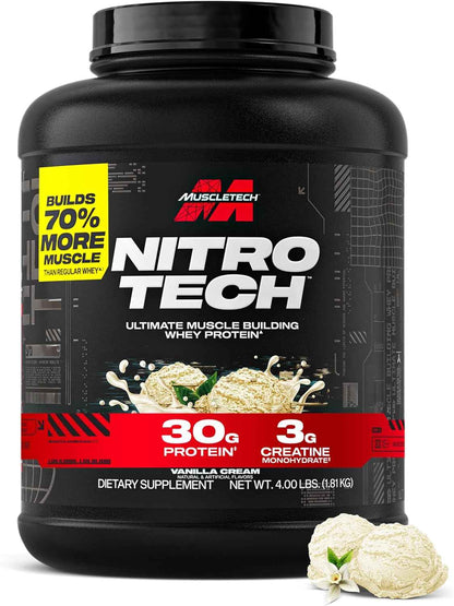 Muscletech Whey Protein Powder - Nitro-Tech Ultimate Muscle Building Formula with Whey Protein Isolate - 30g of Protein, 3g of Creatine & 6.8g of BCAA - Packaging May Vary