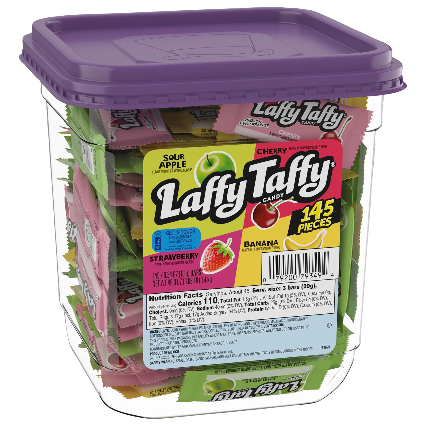 Laffy Taffy Candy, Assorted Fruit Flavored Taffy Candy, Sour Apple, Cherry, Strawberry &amp;amp; Banana Flavors (145 Pieces), 49.3 Ounce