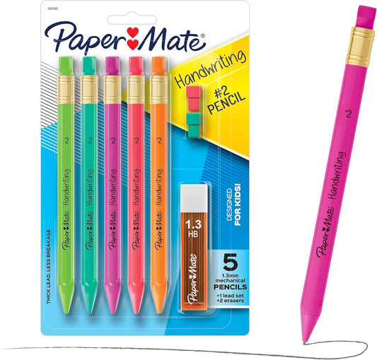 Paper_Mate_Handwriting_Triangular_Mechanical_Pencil_Set_with_Lead_&_Eraser_Refills,_1.3mm,_8_Count_-_Back_to_School,_Teacher_Supplies,_Home,_Kids_Writing,_Fun_Barrel_Colors