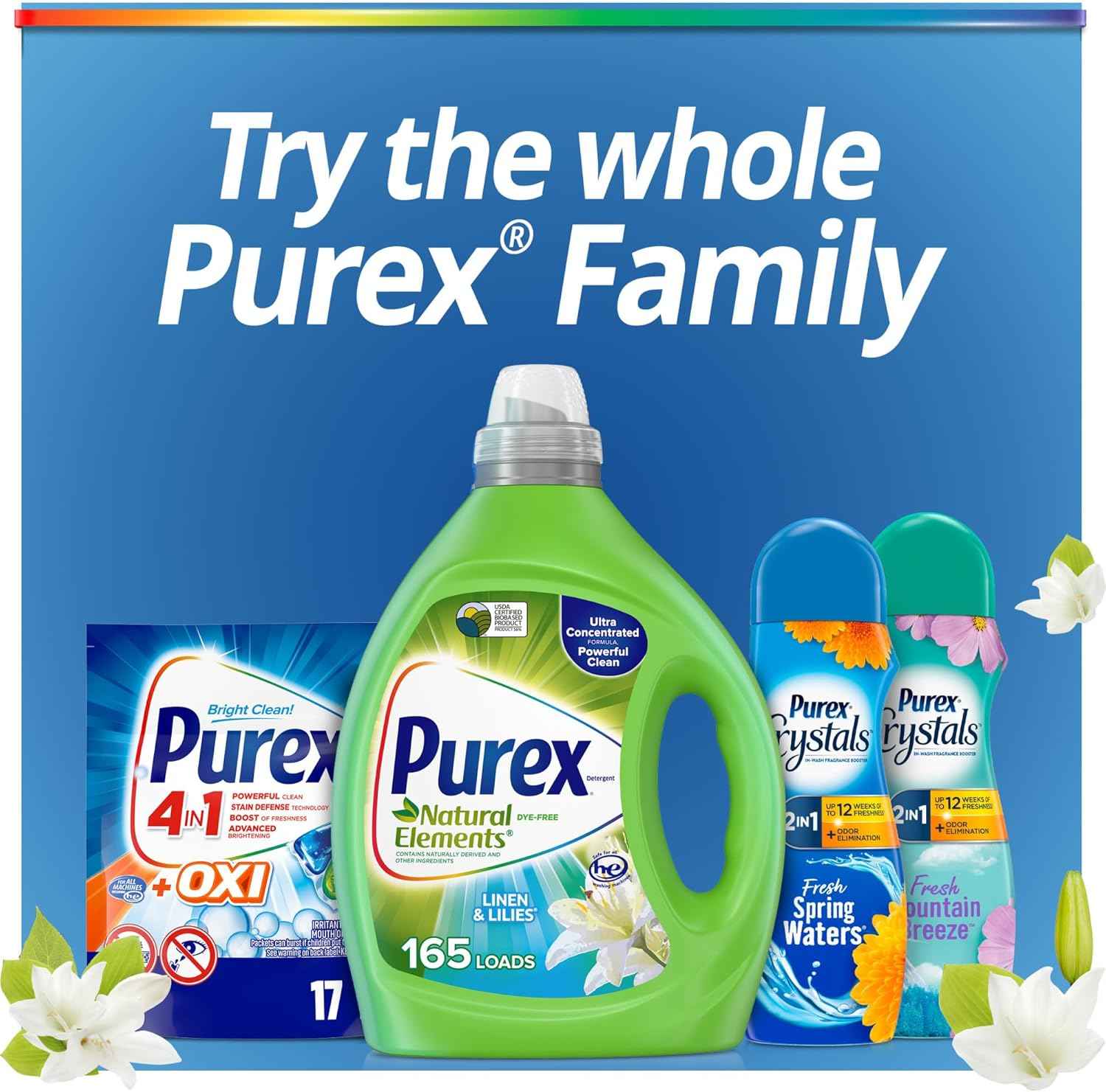 Purex Natural Elements Fresh Lilies & Linen Liquid Detergent, 82.5 oz, 165 Loads, Ultra-Concentrated, Dye-Free, USDA Certified Biobased Product