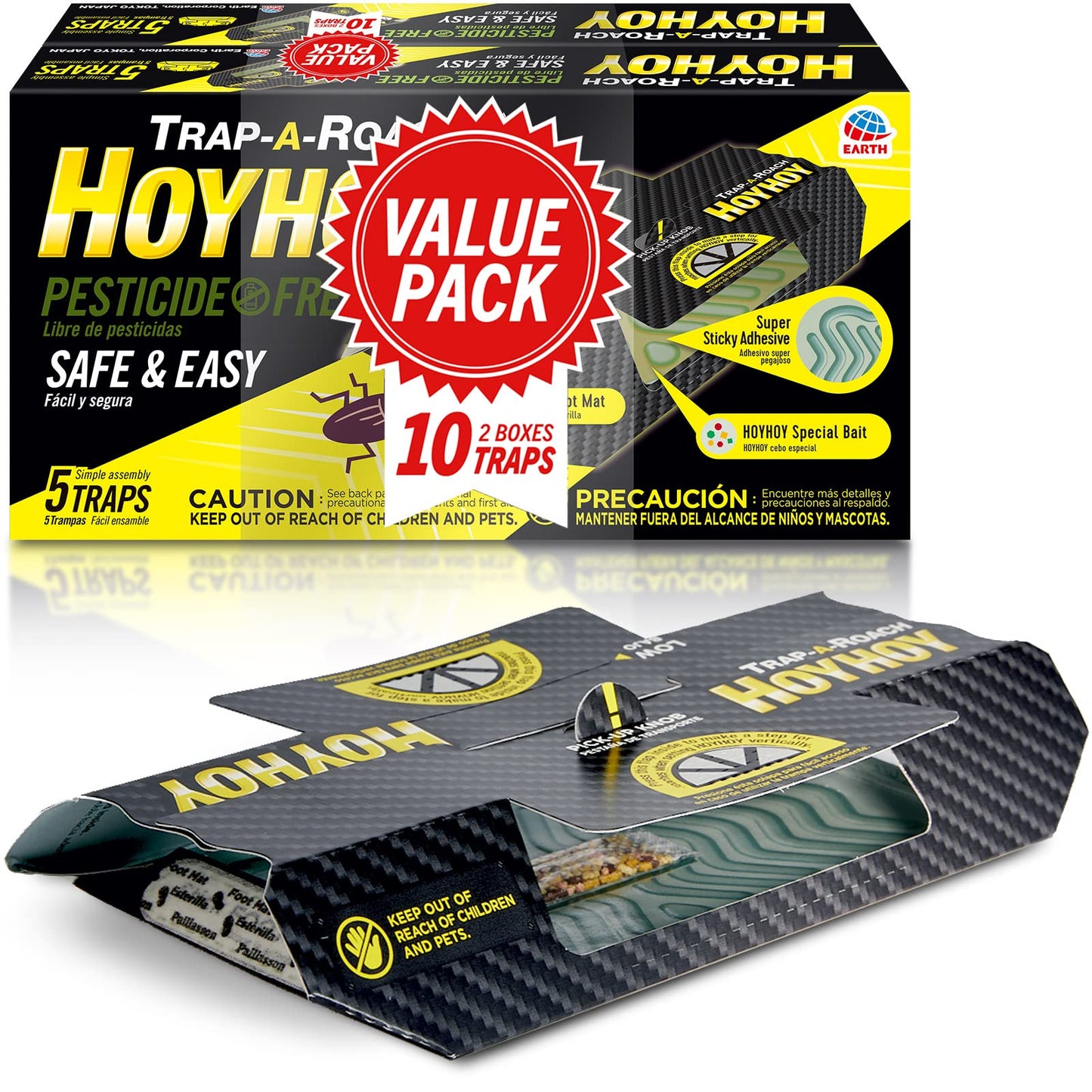 HOY HOY Trap A Roach - 10 Traps [2 Pack] Baited Glue Traps, Great for Home with Kids &amp;amp; Pets Indoor, Sticky Pest Control Trap, Roach Killer, Made in Japan