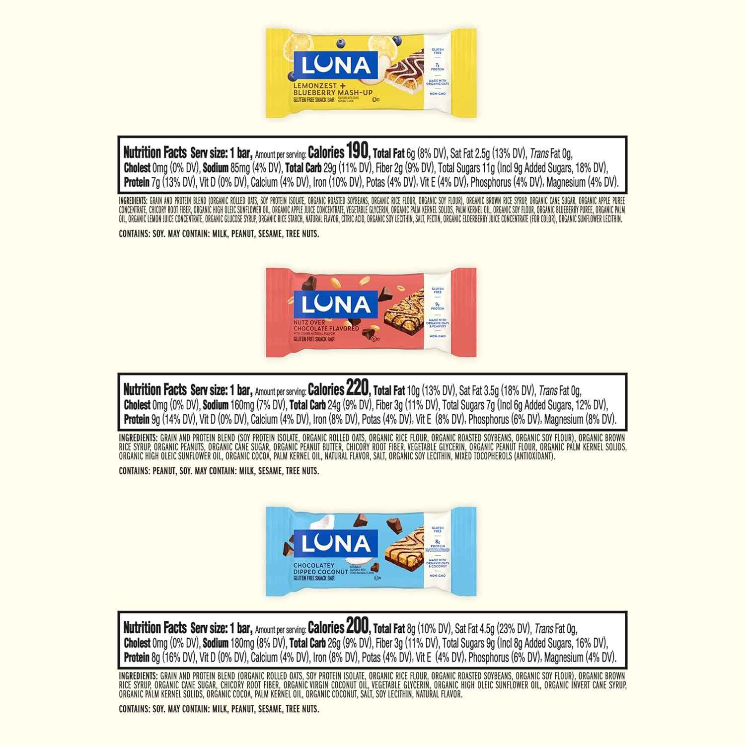 LUNA Bar - Variety Pack - 6 Flavors - Gluten Free Snack Bars - Non-GMO - Protein Bars - Made with Organic Oats (12 Pack)