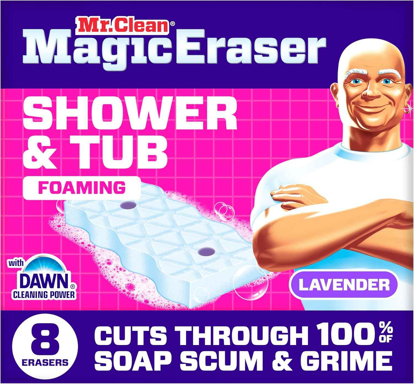 Mr. Clean Magic Eraser Sponge, Bathroom, Shower, Tub Cleaner, Soap Scum Remover, Bathroom Cleaning Supplies, Dawn Cleaning Power with Lavender Scent, Shower & Tub