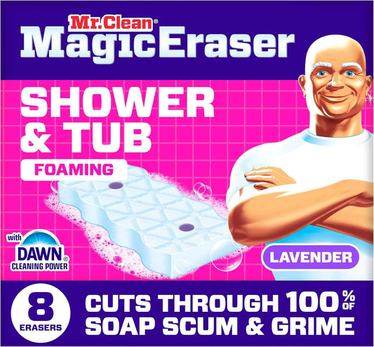 Mr. Clean Magic Eraser Sponge, Bathroom, Shower, Tub Cleaner, Soap Scum Remover, Bathroom Cleaning Supplies, Dawn Cleaning Power with Lavender Scent, Shower & Tub