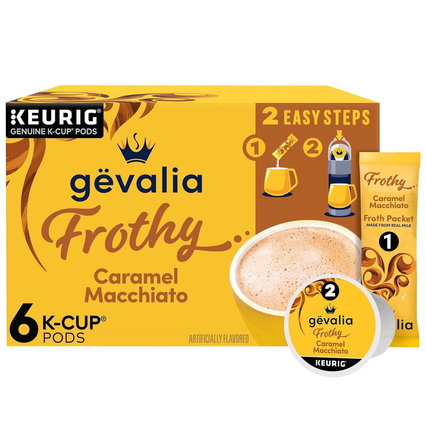 Gevalia Frothy 2-Step Artificially Flavored Caramel Macchiato Espresso Style K-Cup Coffee Pods & Froth Packets Kit, 6 ct Box