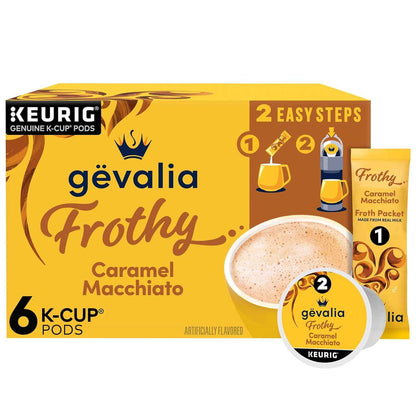 Gevalia Frothy 2-Step Artificially Flavored Caramel Macchiato Espresso Style K-Cup Coffee Pods & Froth Packets Kit, 6 ct Box