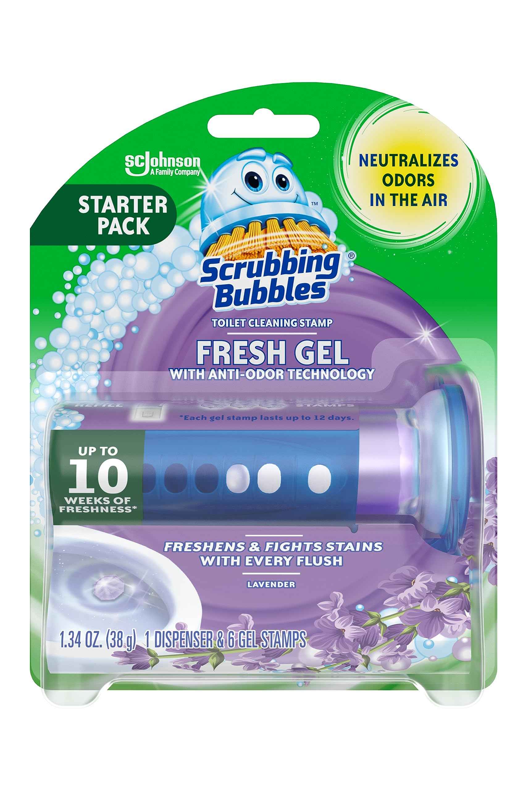 Scrubbing Bubbles Fresh Gel Toilet Bowl Cleaning Stamps, Helps Keep Toilet Clean and Helps Prevent Limescale & Rings, 1 Dispenser with 6 Fresh Gel Stamps