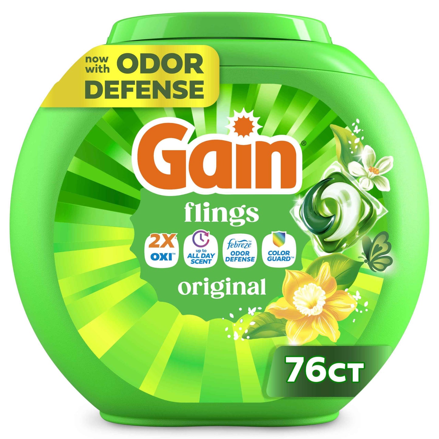 Gain Flings Liquid Washing Detergent Pods, Now with Odor Defense + Color Guard, Original Scent, 4-In-1 Liquid Laundry Detergent Pacs, Clean & Fresh, 112 Count (Packaging May Vary)