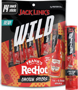 Jack Link's Wild Mini Chicken Sticks Made with Frank's RedHot Flavor – 7g of Protein Snacks, On The Go Snacking, Keto & Paleo Snack, Carnivore Diet Ready, Individually Wrapped – 0.5 Oz. (14 Count)