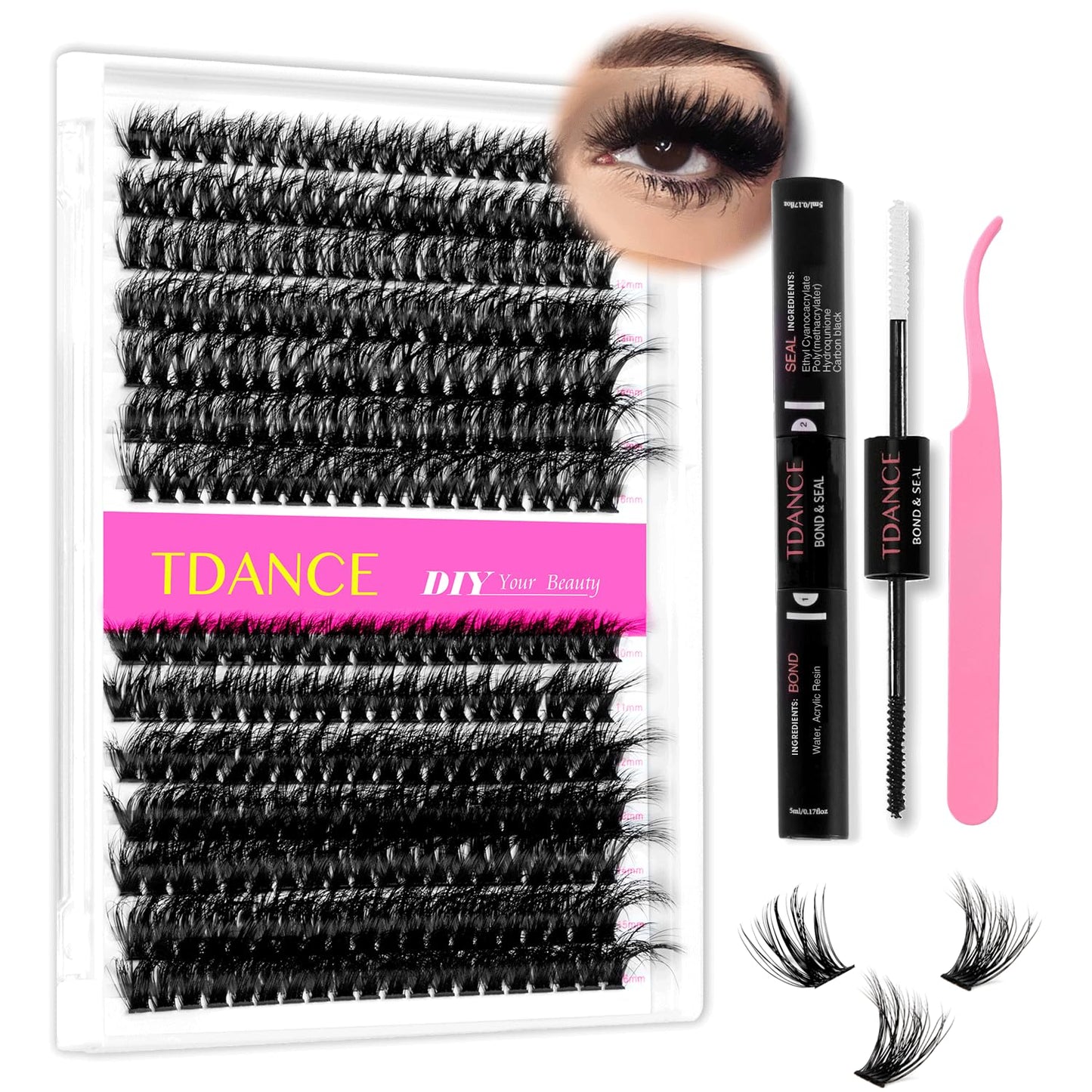 Eyelash Extensions Kit With 280pcs Thick Lash Clusters,60D 80D Individual Lashes, Lash Bond, Seal Glue, Tweezers for Beginners(Kit-Thick-60D+80D-280PCS)