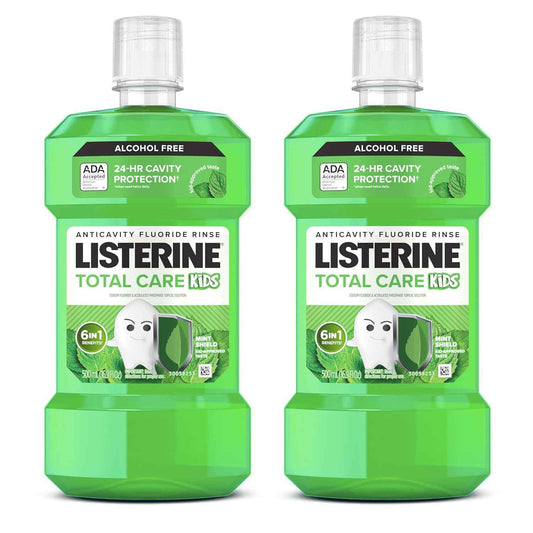 Listerine Total Care Kids Mouthwash, ADA Accepted, Alcohol-Free Anticavity Fluoride Mouthwash, Oral Rinse for Cavity Protection and Fresh Breath, Mint Shield Flavor, Twin Pack, 2 x 500 mL