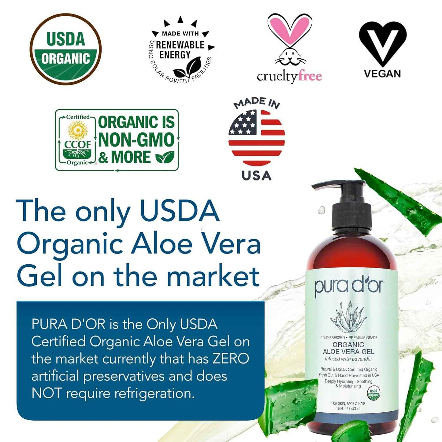 PURA D'OR 16 Oz ORGANIC Aloe Vera Gel - All Natural - ZERO Artificial Preservatives - Deeply Hydrating & Moisturizing - Sunburn, Bug Bites, Rashes, Small Cuts, Eczema Relief - Skin & Hair