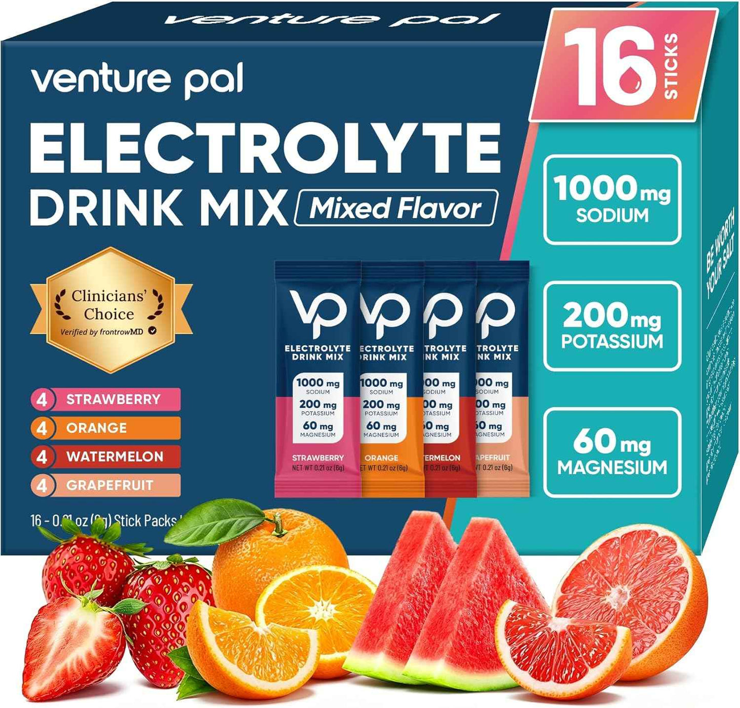 Venture Pal High Sodium Sugar Free Electrolytes Powder Packet - Hydration Packets with Vitamin, Sodium & Potassium | Zero Calories | Vegan, Keto & Paleo Friendly Electrolyte Drink Mix - 16 Sticks
