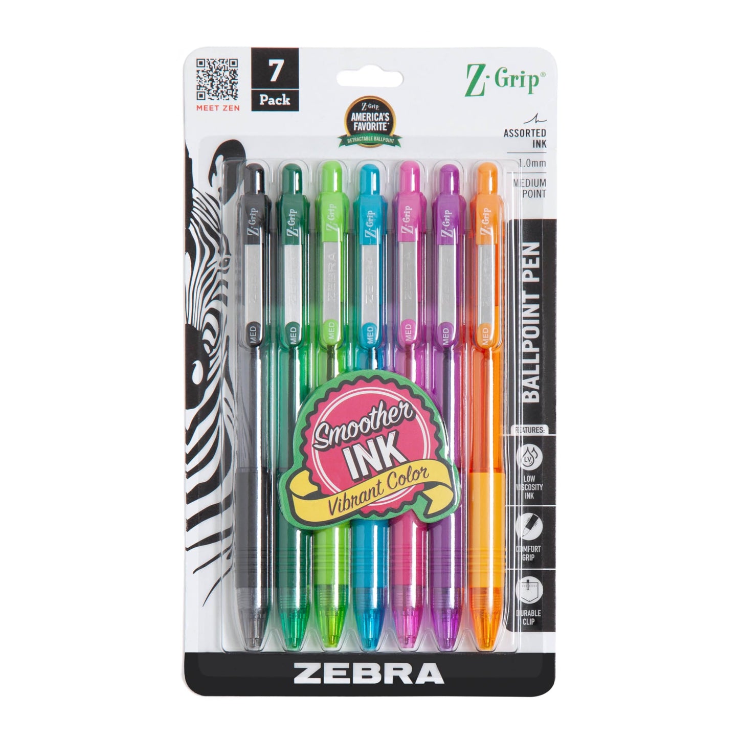 Zebra Pen Z-Grip Retractable Ballpoint Pen, Smooth-Flowing Assorted Fashion Colors, 1.0mm Medium Point, School &amp;amp; Office Supplies, Ideal for Note-Taking, Journal and Planner Use, 7-Pack (22276)