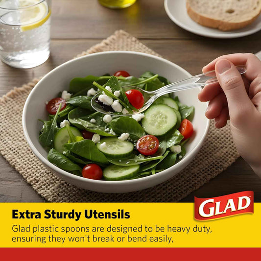 Glad Clear Plastic Spoons, Sturdy Disposable Plastic Cutlery for Parties, Events, Outdoor Meals, and Everyday Use, Clear Neutral Design Fits Any Table Setting, 24 Count