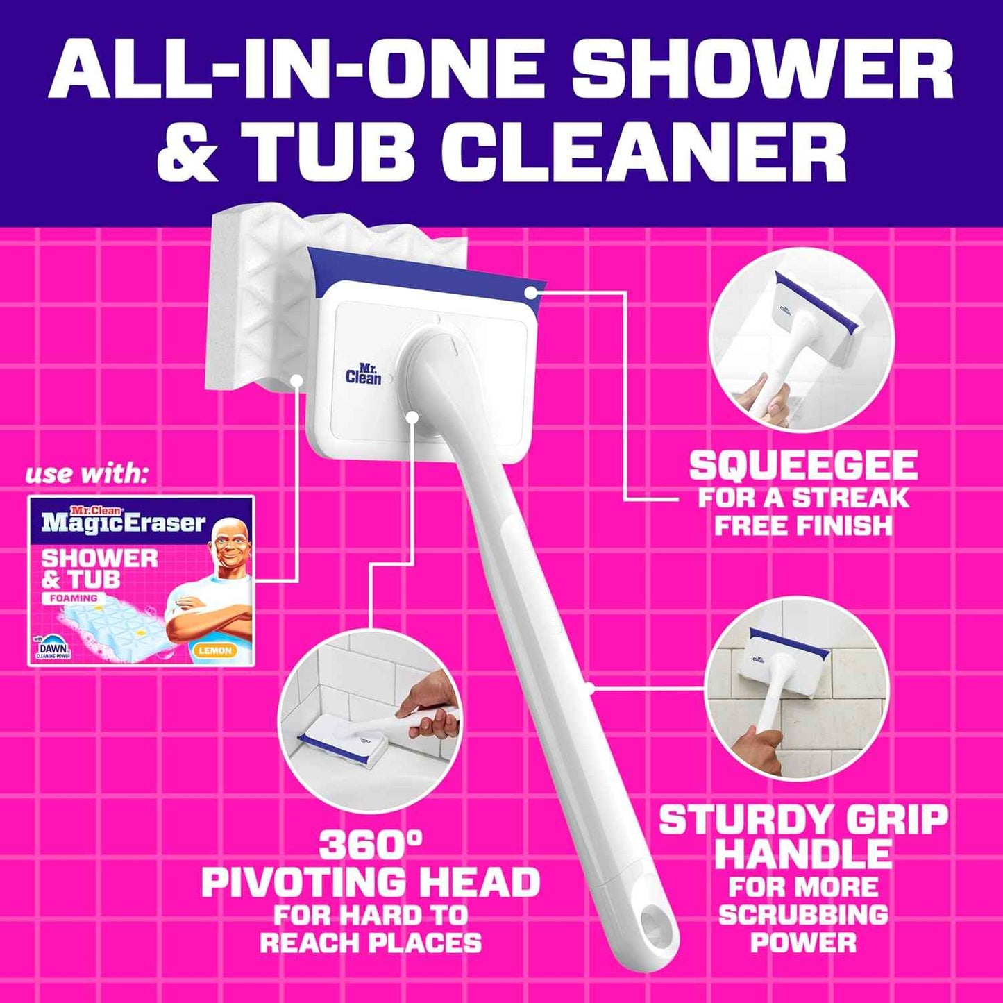 Mr. Clean Magic Eraser Shower & Tub Scrubber, Bathroom Cleaner, All in One Bathroom Cleaner, Lemon Starter Kit