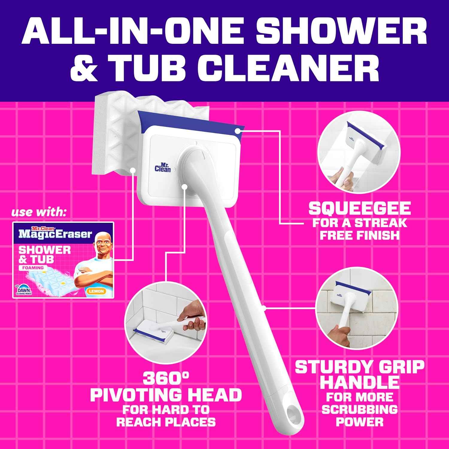 Mr. Clean Magic Eraser Shower & Tub Scrubber, Bathroom Cleaner, All in One Bathroom Cleaner, Lemon Starter Kit