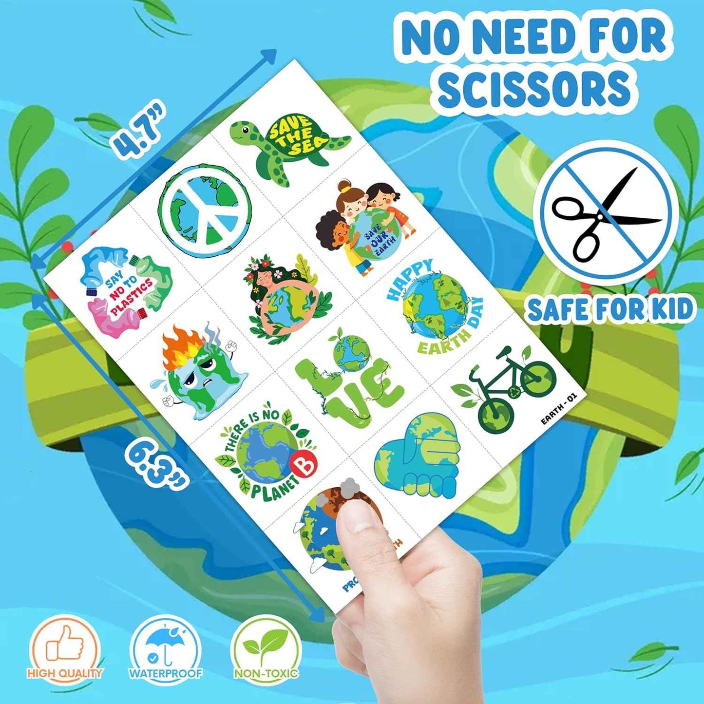 120 PCS Earth Day Environment Pre-Cut Temporary Tattoos for Kids | Super Cute Themed Birthday Party Favors, Supplies, Decorations, Fake Tattoo Stickers, School Rewards Prizes & Gifts Boys & Girls