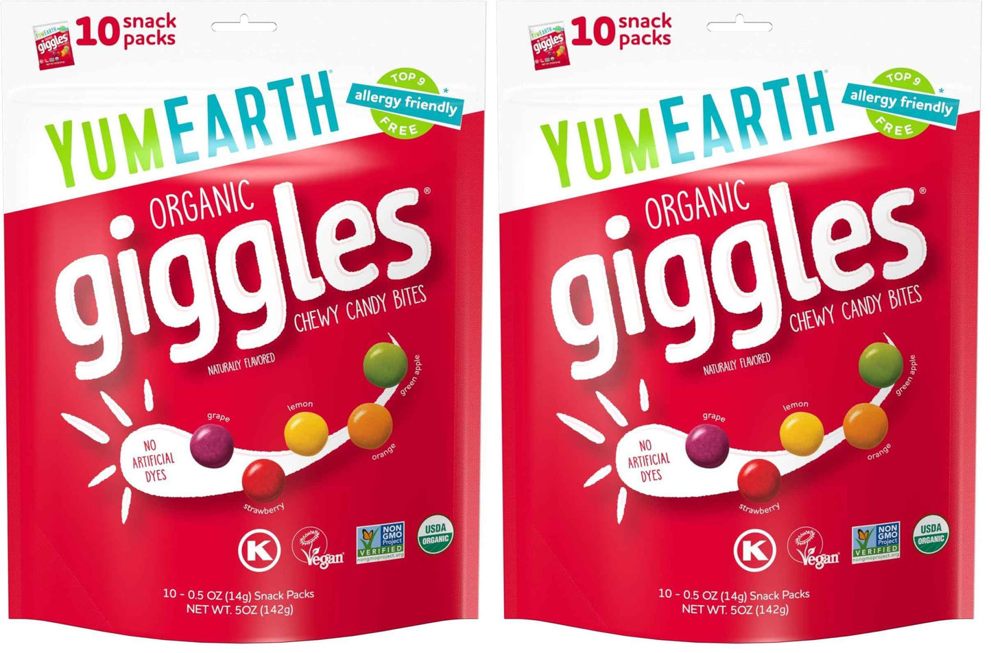 YumEarth Organic Giggles Chewy Candy – Allergy Friendly, No Artificial Dyes, Non GMO, Gluten Free, Fruit Flavored, Vegan Candy Snacks 0.5 oz