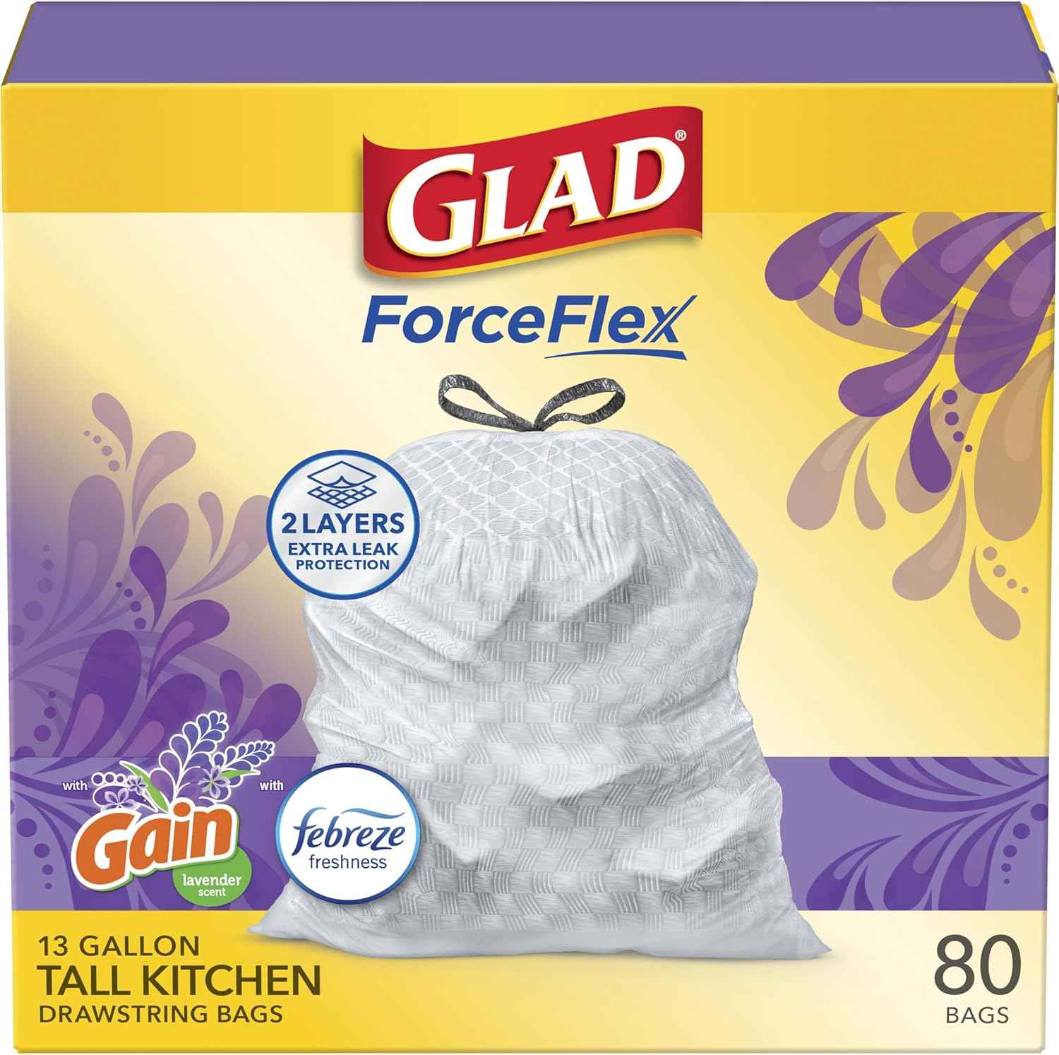 Glad ForceFlex Tall Kitchen Trash Bags, 13 Gallon, Gain Lavender
