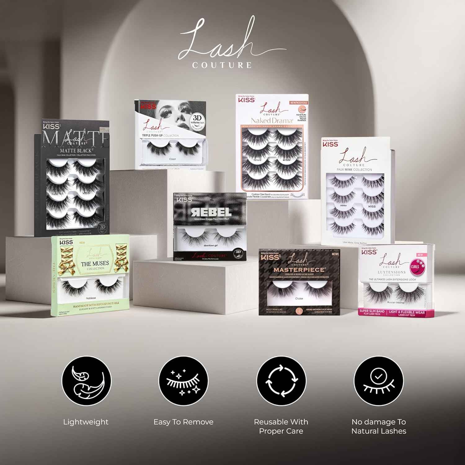 KISS Lash Couture Faux Mink False Eyelashes Multipack, 12mm, Multiple Lengths, Reusable, Cruelty Free, Vegan, Exclusive knot-free lash band, 4 Pairs