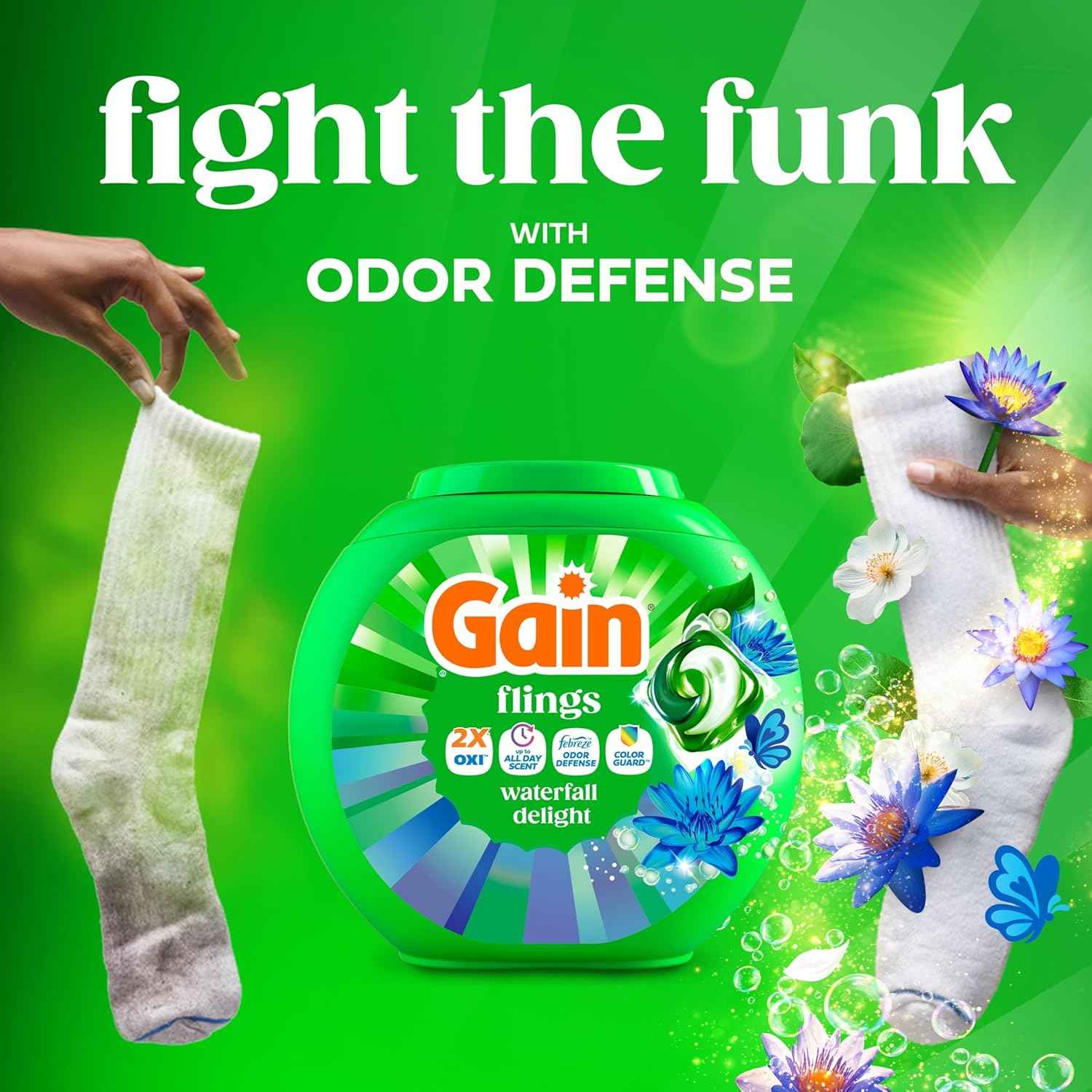 Gain Flings Liquid Washing Detergent Pacs, Now with Odor Defense + Color Guard, Waterfall Delight Scent, 4-In-1 Liquid Laundry Detergent Pods, Clean & Fresh