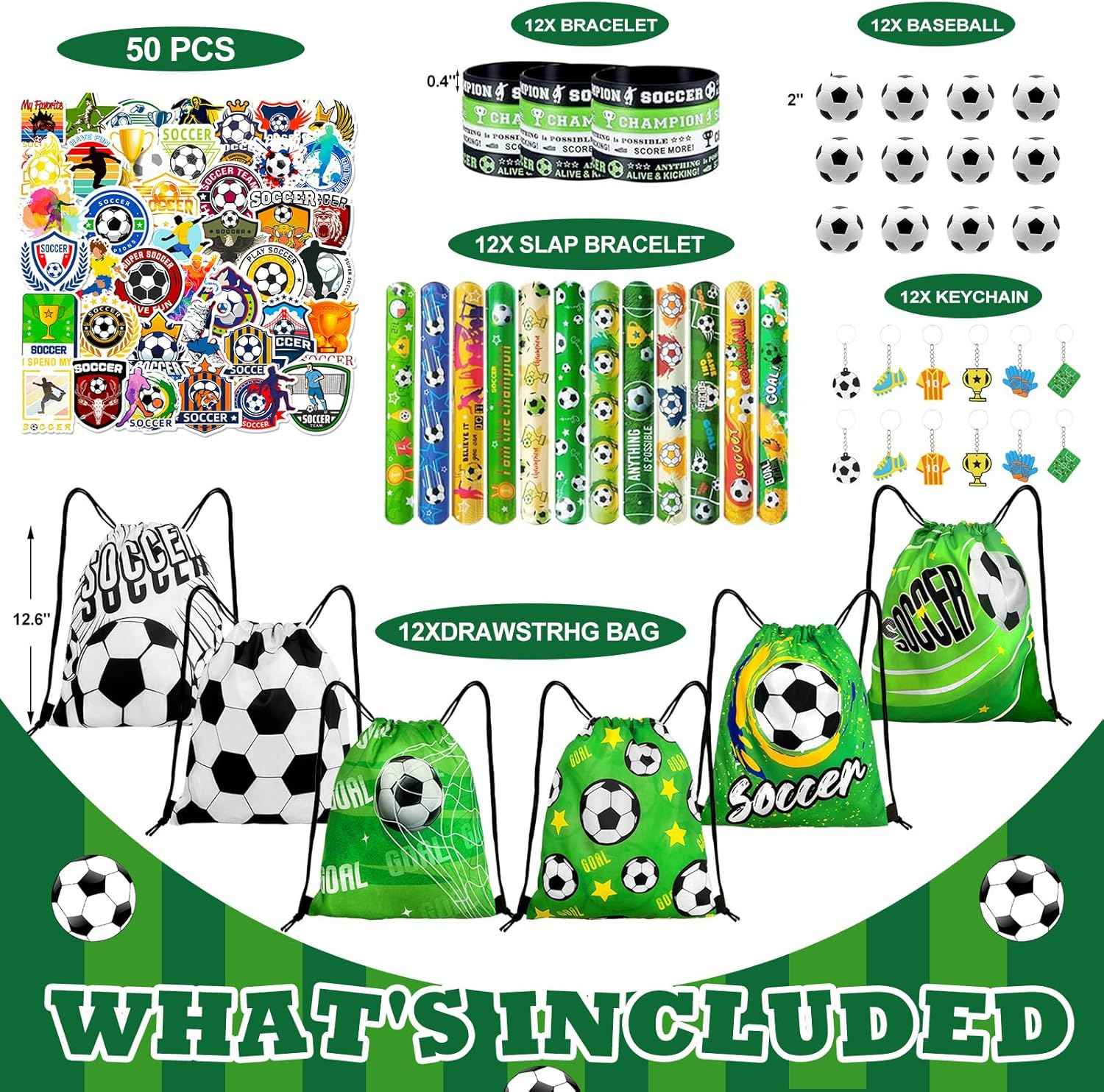 110Pcs Soccer Party Favors Drawstring Bags Soccer Goodie Bag with Mini Ball, Wristband, Slap bracelets, Keychains, Stickers for Soccer Party Supplies