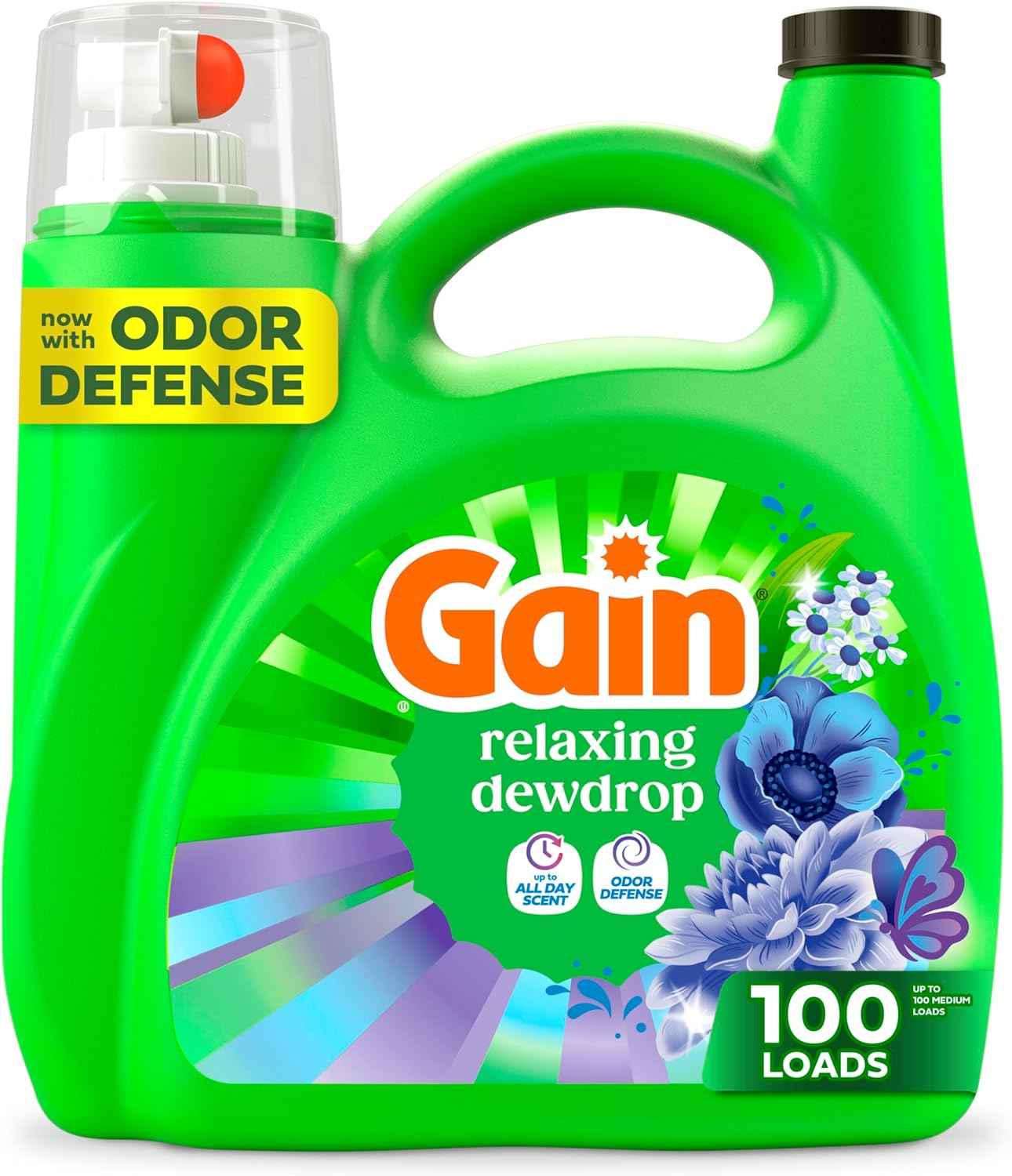 Gain Liquid Laundry Detergent, With Odor Defense, Relaxing Dewdrop Scent, Laundry Soap For HE Washing Machines, 132 fl oz, 100 Loads (Packaging May Vary)