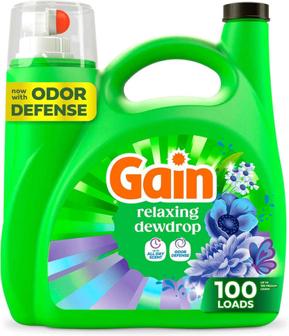 Gain Liquid Laundry Detergent, With Odor Defense, Relaxing Dewdrop Scent, Laundry Soap For HE Washing Machines, 132 fl oz, 100 Loads (Packaging May Vary)