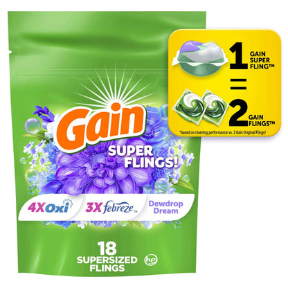Gain Super Flings Laundry Detergent Pacs, Dewdrop Dream scent, clean and fresh washing detergent laundry soap pacs