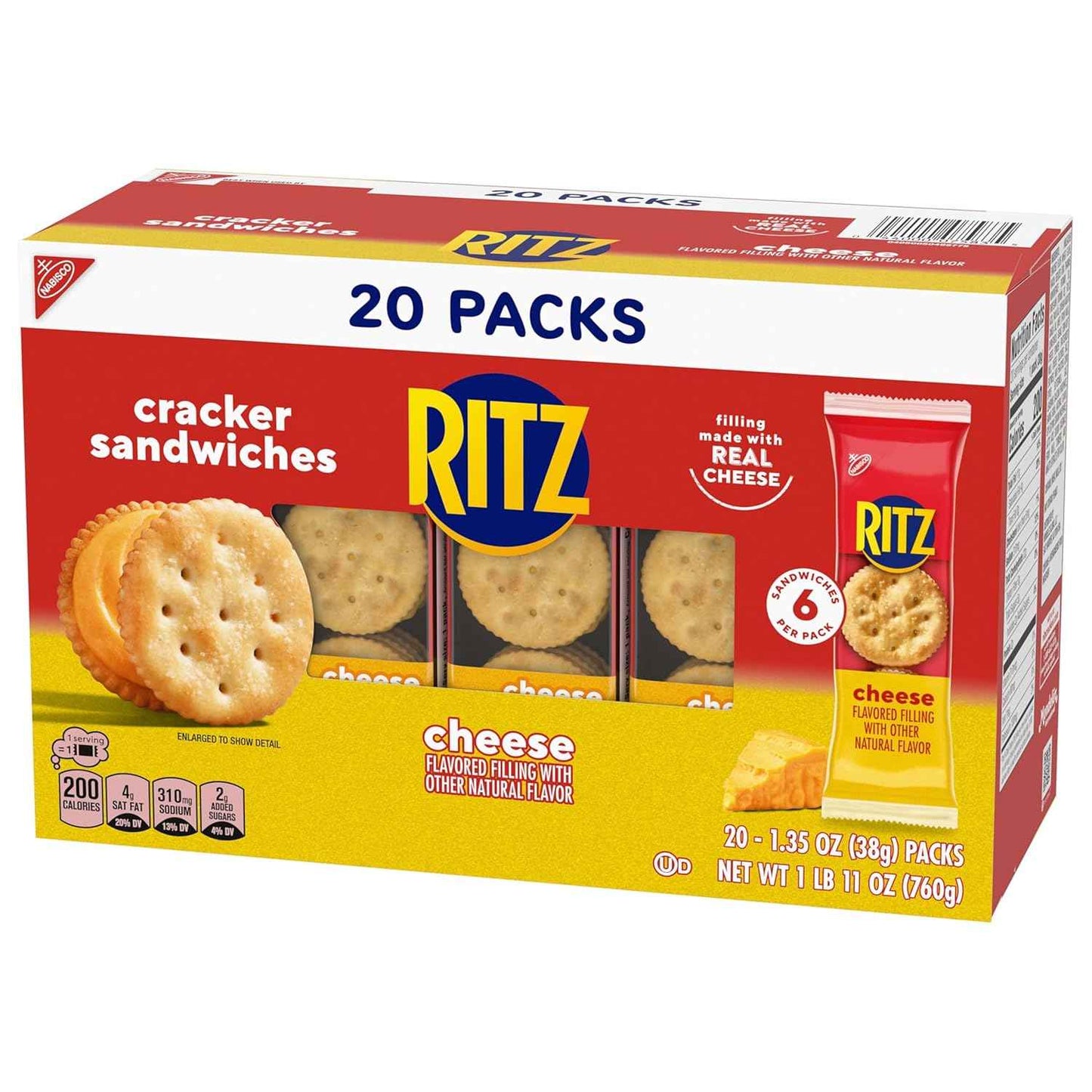 RITZ Cheese Sandwich Crackers, Lunch Snacks, 20 Snack Packs (6 Crackers Per Pack)