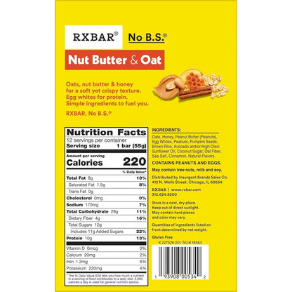 RXBAR Nut Butter and Oat Protein Bars, Protein Snacks, Snack Bars, Honey Cinnamon Peanut Butter, 23.2oz Box (12 Count)