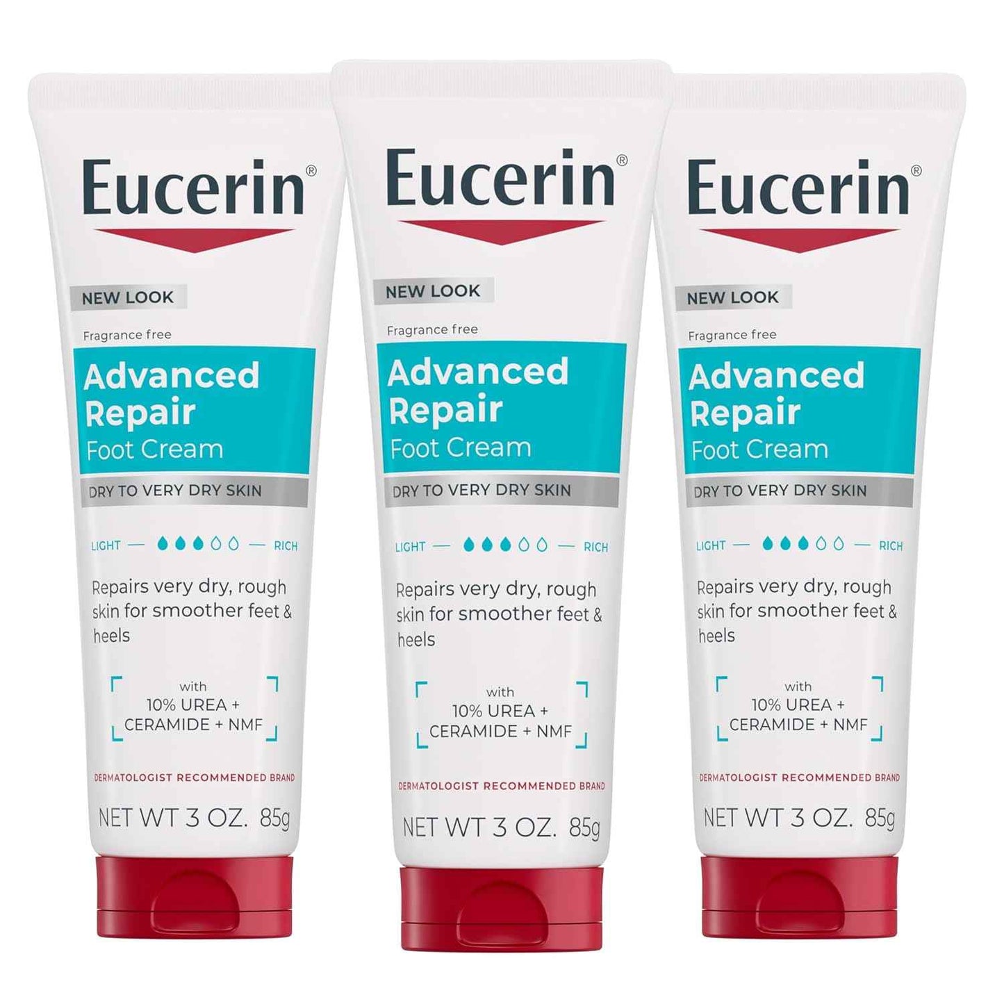 Eucerin Advanced Repair Foot Cream, Urea Enriched, Unscented Foot Cream for Dry Feet and Heels With Triple Moisturizing Complex, Travel Size Moisturizer, 3 OZ Tube, Pack of 3