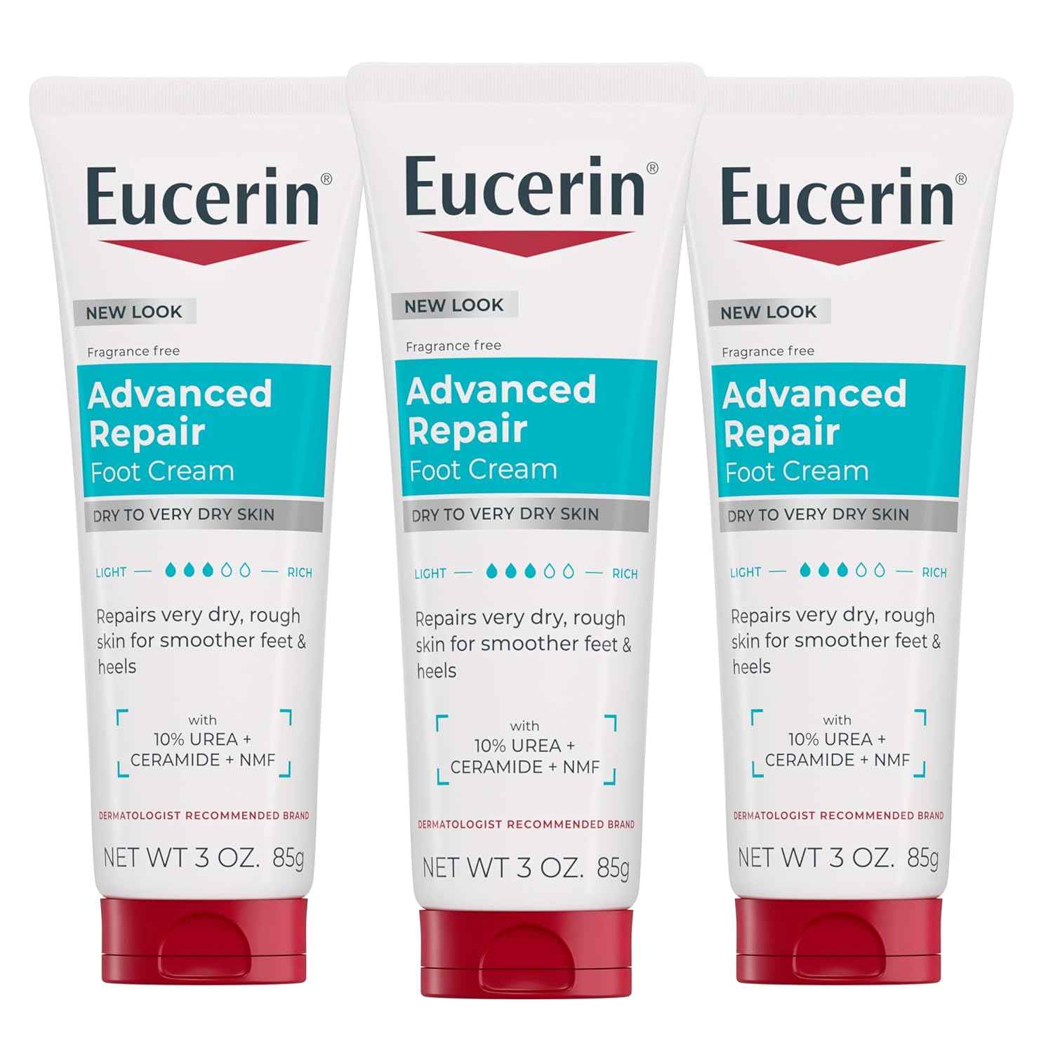 Eucerin Advanced Repair Foot Cream, Urea Enriched, Unscented Foot Cream for Dry Feet and Heels With Triple Moisturizing Complex, Travel Size Moisturizer, 3 OZ Tube, Pack of 3