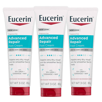 Eucerin Advanced Repair Foot Cream, Urea Enriched, Unscented Foot Cream for Dry Feet and Heels With Triple Moisturizing Complex, Travel Size Moisturizer, 3 OZ Tube, Pack of 3