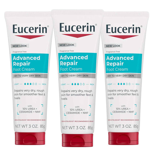 Eucerin Advanced Repair Foot Cream, Urea Enriched, Unscented Foot Cream for Dry Feet and Heels With Triple Moisturizing Complex, Travel Size Moisturizer, 3 OZ Tube, Pack of 3