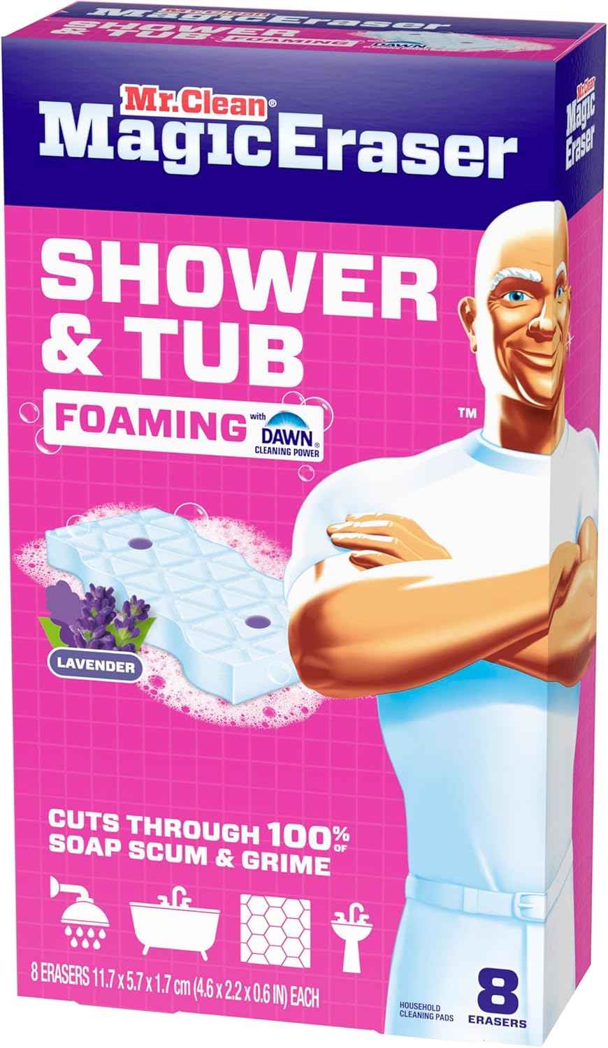 Mr. Clean Magic Eraser Sponge, Bathroom, Shower, Tub Cleaner, Soap Scum Remover, Bathroom Cleaning Supplies, Dawn Cleaning Power with Lavender Scent, Shower & Tub
