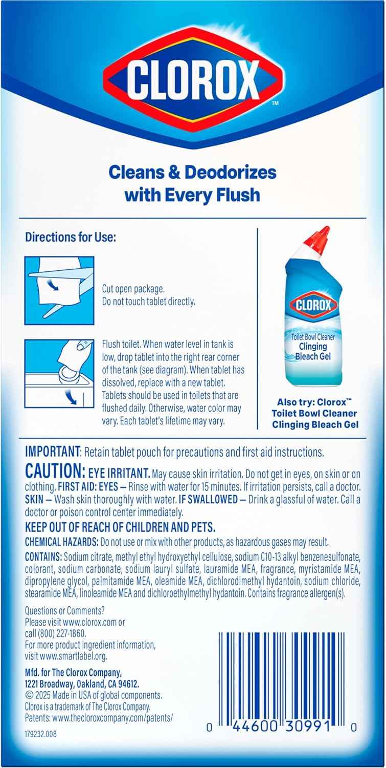 Clorox Ultra Clean Toilet Tablets Bleach & Blue, Rain Clean Scent, 2.47 Ounces Each