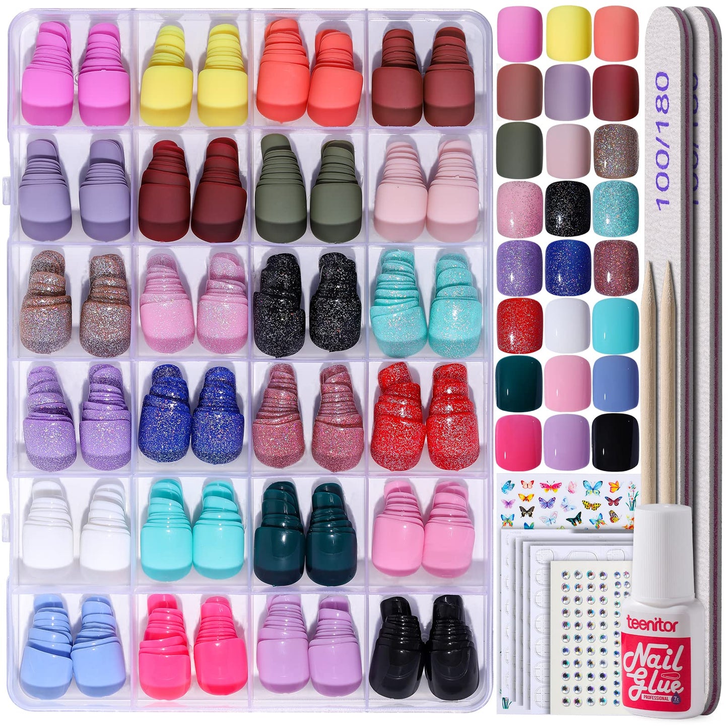 Teenitor Short Press On Nails with Glitter, 12 Sizes Square, Matte &amp;amp; Glossy Finish