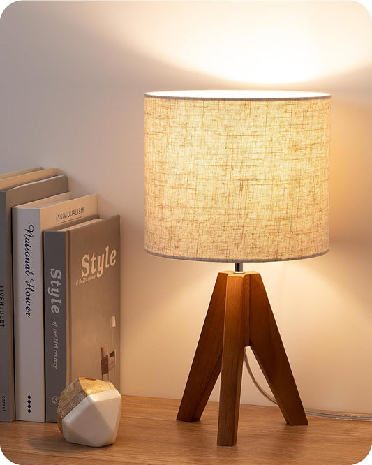 EDISHINE_Tripod_Table_Lamp,_Small_Cute_Bedside_Lamp_with_Linen_Beige_Lampshade,_Nightstand_Lamp_for_Nursery,_Bedroom,_Kid_Room,_Living_Room,_Light_Brown_Wooden_Base,_E26_Socket,_14.2_Inch