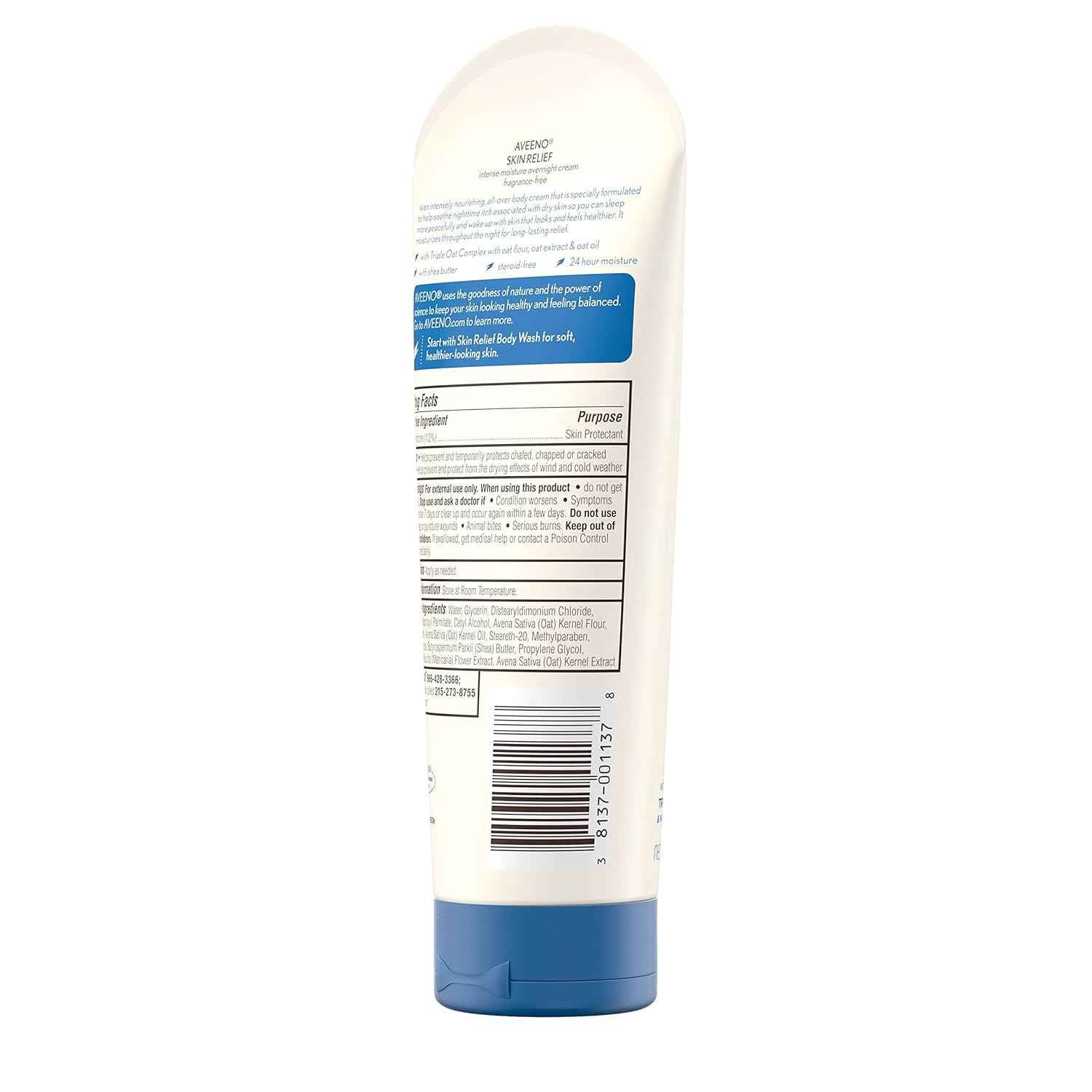 Aveeno Skin Relief Overnight Intense Moisture Cream with Triple Oat Complex & Natural Shea Butter, Therapeutic Dimethicone Skin Protectant for Dry Itchy Skin Relief, Fragrance- & Steroid-Free, 7.3 oz