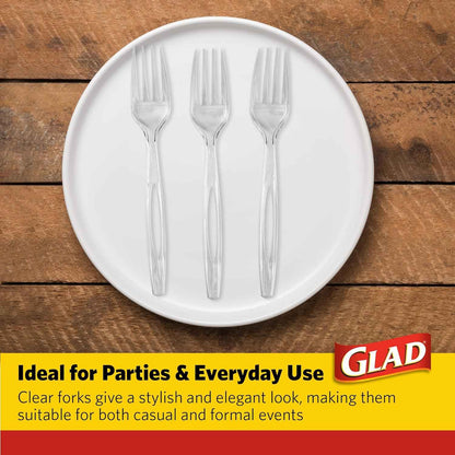 Glad Clear Heavy Duty Plastic Forks, Reduced-Plastic Open Handle, Break-Resistant Disposable or Top-Rack Reusable Cutlery for Parties, Camping & Everyday Meals, Standard Size,