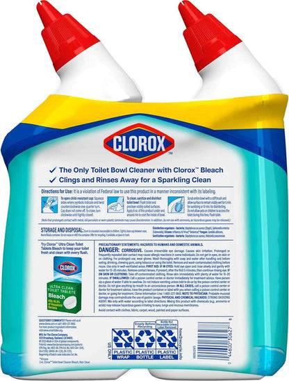 Clorox Toilet Bowl Cleaner Clinging Bleach Gel, Kills 99.9% of Bacteria and Viruses, Ocean Mist, 24 Fl Oz, Pack of 2