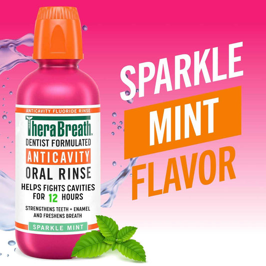 TheraBreath Anticavity Fluoride Oral Rinse Mouthwash, Fights Cavities, Strengthens Enamel and Freshens Breath, Dentist-Formulated, Alcohol-Free, Sparkle Mint Flavor, 16 fl oz, Pack of 2