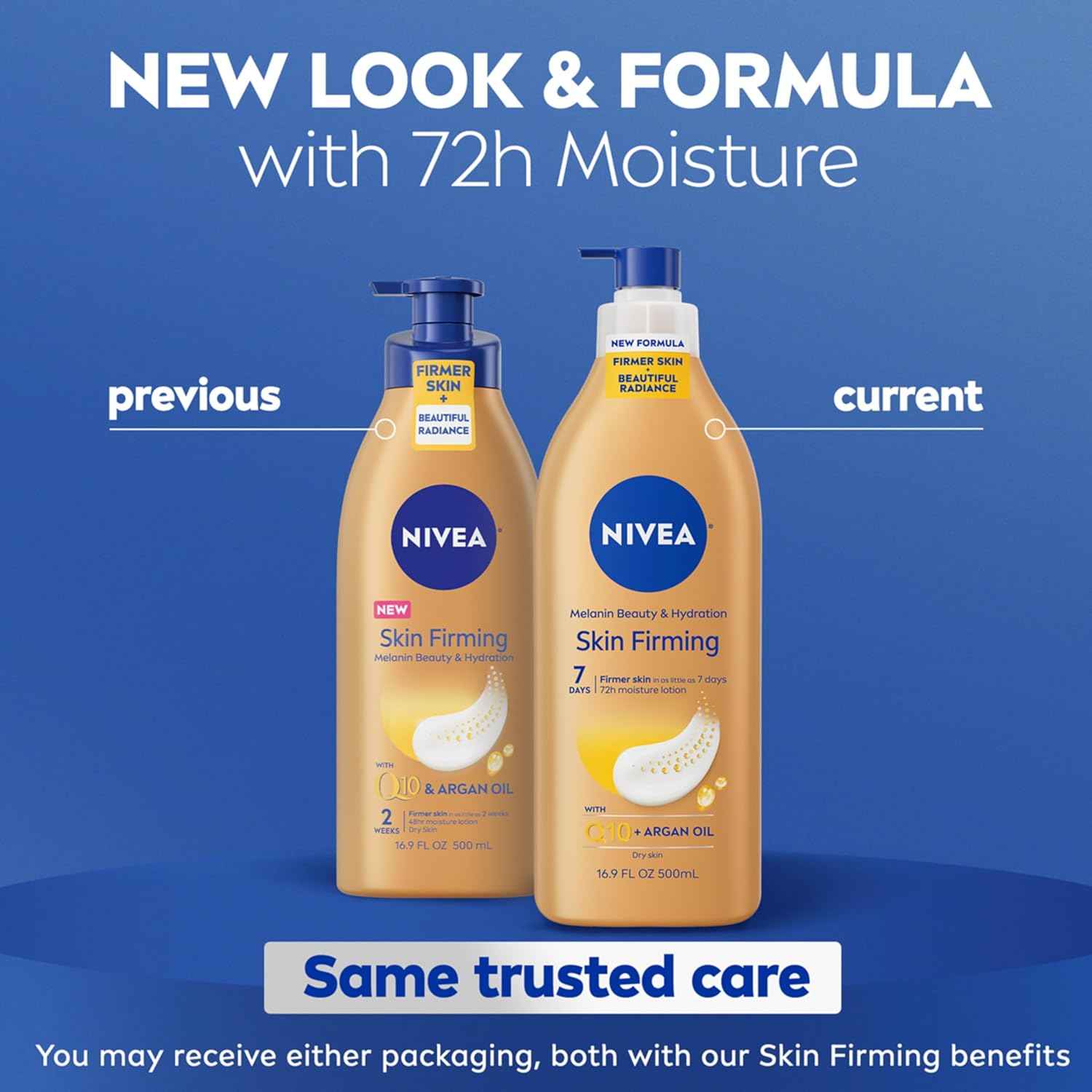 NIVEA Skin Firming Melanin Beauty & Hydration Body Lotion with Q10 and Argan Oil, Firmer Skin in as Little As Seven Days, 16.9 Fl Oz Pump Bottle